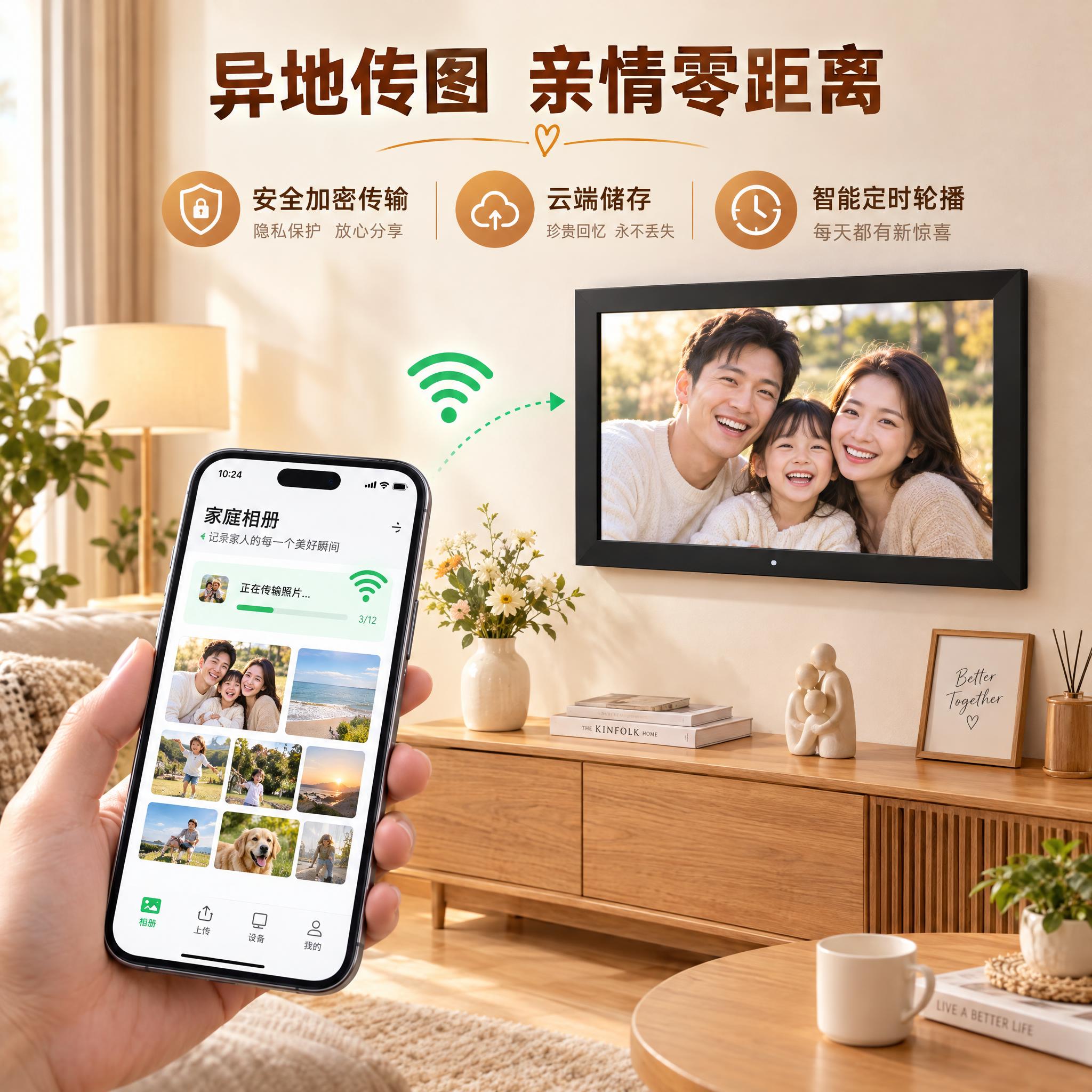 现代简约风格客厅场景，墙上挂着一台黑色边框的智能电子相册，屏幕… - 图片创意预览