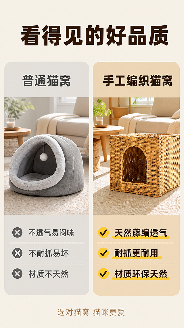 [第5屏] 产品对比页，对比普通猫窝突出本款手工编织猫窝优势。本屏使用【图1】作为本款产品主体参考。
[氛围/风格] 清晰直观对比展示，拼多多接地气直白风格，排版干净，信息对比一目了然。
[元素布局] 页面分左右两栏对比，左侧为普通猫窝区，右侧为我们的手工编织猫窝区，每栏上方标注类型，中间产品展示，下方罗列卖点。左侧普通猫窝标注「普通猫窝」，展示常见布艺猫窝，文案列出痛点：「不透气易闷味」「不耐抓易坏」「材质不天然」；右侧展示本款手工编织猫窝，保留本款产品的方形结构、编织纹理和原颜色材质，文案列出优势：「天然藤编透气」「耐抓更耐用」「材质环保天然」。对比清晰，左右栏对称不拥挤。
[光影质感] 整体光照均匀，左右产品光影一致，文字清晰，对比边界干净，没有过暗或过曝区域。
[配色色系] 全局底色：#F5F0E6（米暖灰）；左侧普通猫窝区背景浅灰，右侧本款产品区背景浅棕黄，突出优势；文字左侧痛点用灰色，右侧优势用深棕色+草编黄高亮。
[视角构图] 左右分栏对比构图，上下标题和总结，符合手机竖屏浏览，对比信息一目了然。
[文字版式] 顶部主标题「看得见的好品质」居中加粗深棕色；左右分栏各自由标题、产品、卖点构成，卖点每条一行，清晰排列；底部总结文案「选对猫窝 猫咪更爱」居中浅棕色小字，排版不遮挡产品主体。
[比例分辨率] 9:16竖版比例，2K分辨率，文字清晰可辨，超高清。
[负向提示词] 猫窝变形，结构错误，颜色偏差，文字模糊，左右栏错位，对比混乱，水印，背景杂乱。