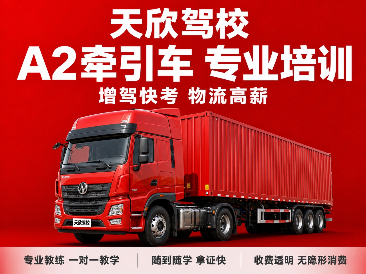 基于参考图的驾校红底白字风格，生成天欣驾校A2牵引车驾照培训主… - 图片创意预览