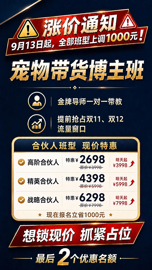 基于上一张涨价通知+班型价格卡片的海报，仅修改三档班型的特惠价格，其余所有内容完全不变：

- 高阶合伙人：特惠价改为"¥2698"（深蓝粗体大字），明天起涨价后保持"¥3998"红色小字
- 精英合伙人：特惠价改为"¥4398"（深蓝粗体大字），明天起涨价后保持"¥5998"红色小字
- 战略合伙人：特惠价改为"¥6298"（深蓝粗体大字），明天起涨价后保持"¥7998"红色小字

顶部涨价通知、主标题、两个卖点图标、想锁现价横幅、最后2个优惠名额、整体深蓝金红风格全部保持不变。

画面中所有数字必须精确渲染，不得错位、遗漏或编造。