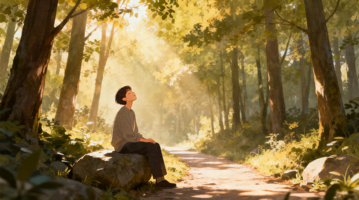 温暖治愈风格插画，宁静的森林中阳光透过树叶洒在林间小路上，一个人坐在石头上深呼吸，整体色调柔和温暖，适配公众号文章配图，传达蓄养心力的主题预览效果