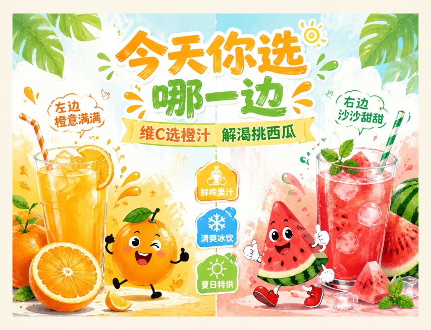 横版非异形灯箱海报，活泼卡通手绘风格，夏日清爽氛围，左右分栏展示橙汁和西瓜汁，保留文案：主标题"今天你选哪一边"，副标题"维C选橙汁 解渴挑西瓜"，装饰文案"左边橙意满满 右边沙沙甜甜"，卖点标签"鲜预览效果