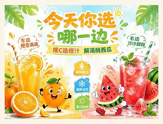 横版非异形灯箱海报，活泼卡通手绘风格，夏日清爽氛围，左右分栏展示橙汁和西瓜汁，保留文案：主标题"今天你选哪一边"，副标题"维C选橙汁 解渴挑西瓜"，装饰文案"左边橙意满满 右边沙沙甜甜"，卖点标签"鲜榨果汁""清爽冰饮""夏日特供"，左侧展示橙子和橙汁饮品，右侧展示西瓜和西瓜汁饮品，搭配拟人化卡通水果形象，背景干净配色明亮清爽，版式精美，四边留有安全边距，适合68*52cm横版灯箱使用，不做异形裁切