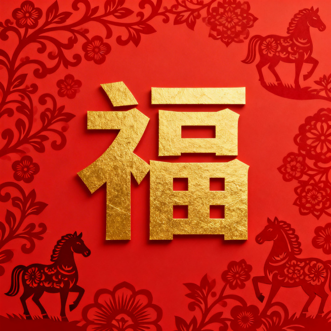 春节马年主题，大红色背景带有缠枝纹、剪纸马图案等春节花纹，正中间是具有设计感的金色福字，字体风格为厚重隶书预览效果