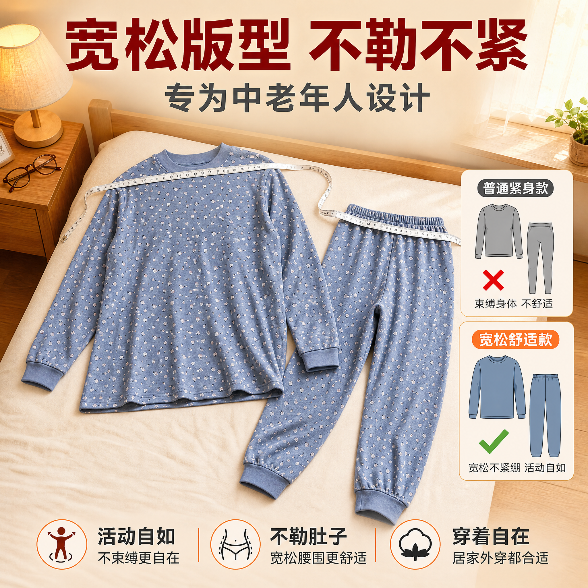 [主图-4] 中老年纯棉套头秋衣套装 蓝色碎花款 宽松版型舒适… - 图片创意预览