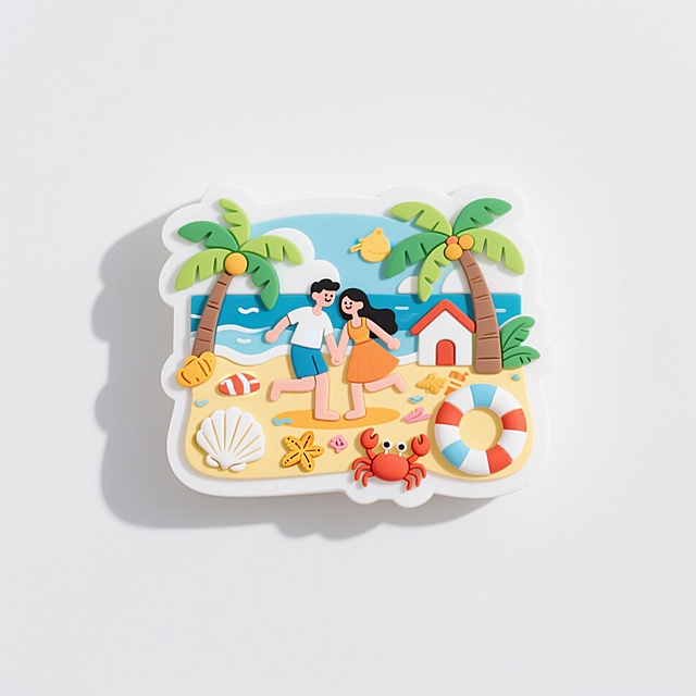 清新插画风，卡通情侣海滩漫步，轻拟物元素点缀，夏日度假氛围浓厚。