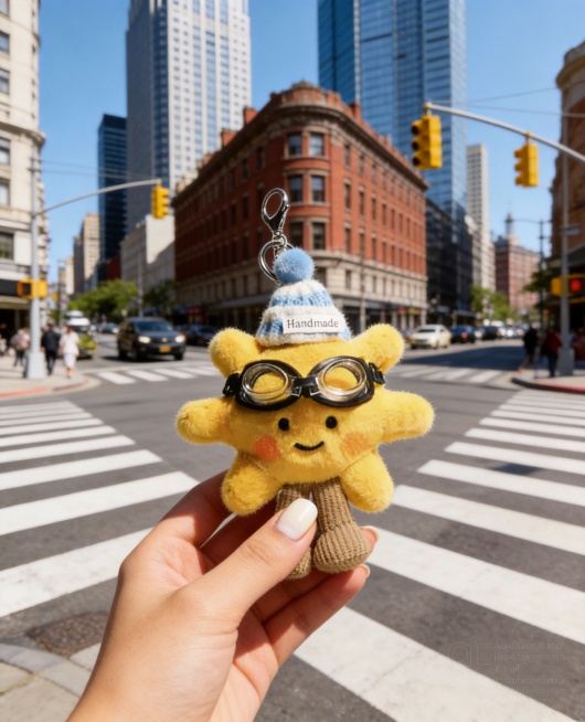 保留原有黄色星星玩偶主体不变，将玩偶放置于晴朗正午的城市十字路口，背景是高低错落的现代高楼与复古红砖建筑，有干净的人行横道、黄色交通信号灯、行驶的车辆与远处行人，呈现充满生活气息的繁华都市街景。风格为预览效果