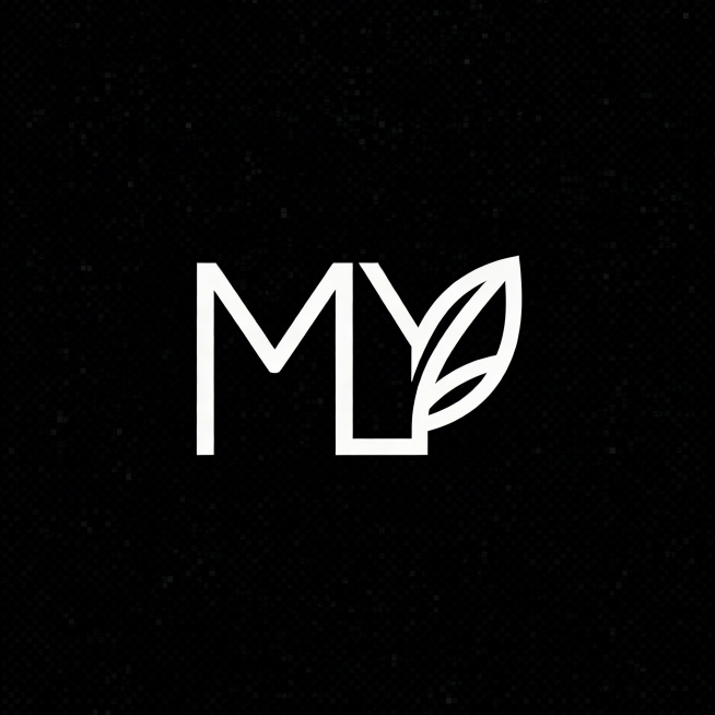 极简字母标Logo设计，字母组合MY，结合自然叶子元素。采用几何构建原则，通过布尔运算使字母和叶子形状共用笔画，遵循数学秩序，线条做过粗细修正。现代极简风格，使用负空间设计，线条干净流畅，像素级精确对预览效果