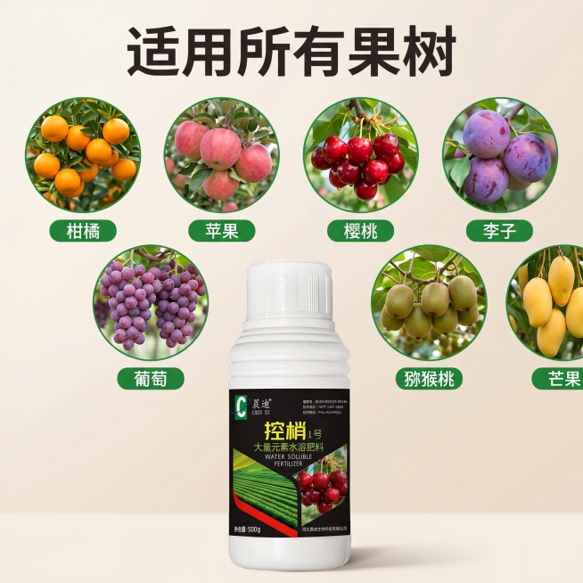 [主图 3] 控梢1号适用作物展示。氛围风格：清晰丰富多果展示风格。画质：商业摄影质感，光线柔和通透，产品清晰真实，画面干净高级。元素：控梢1号产品放置在画面中下部，上方排列多种挂果果树的圆形特写小图预览效果