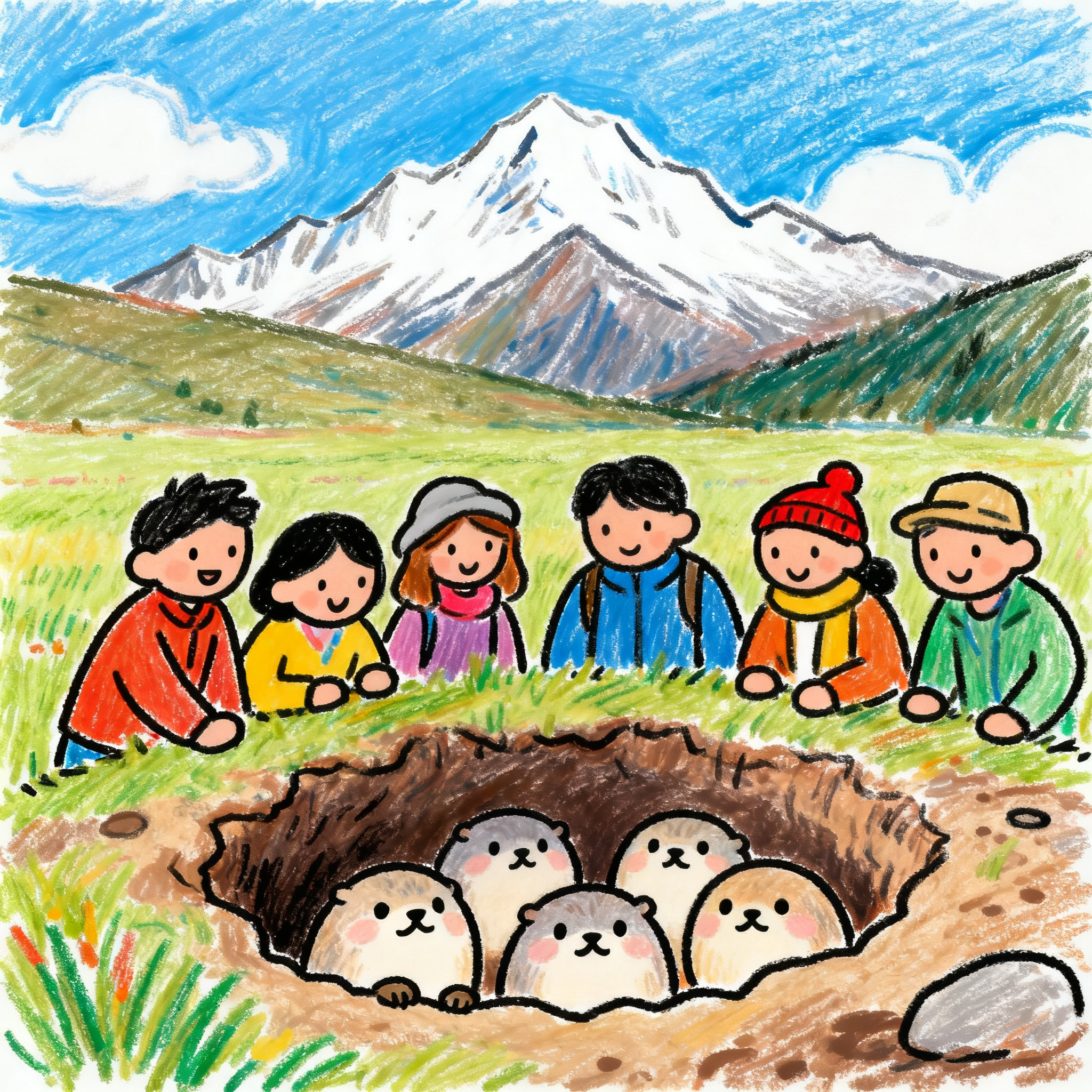 软萌卡通风格，川西草原风光，远处雪山，蓝天白云，一群游客开心地… - 图片创意预览
