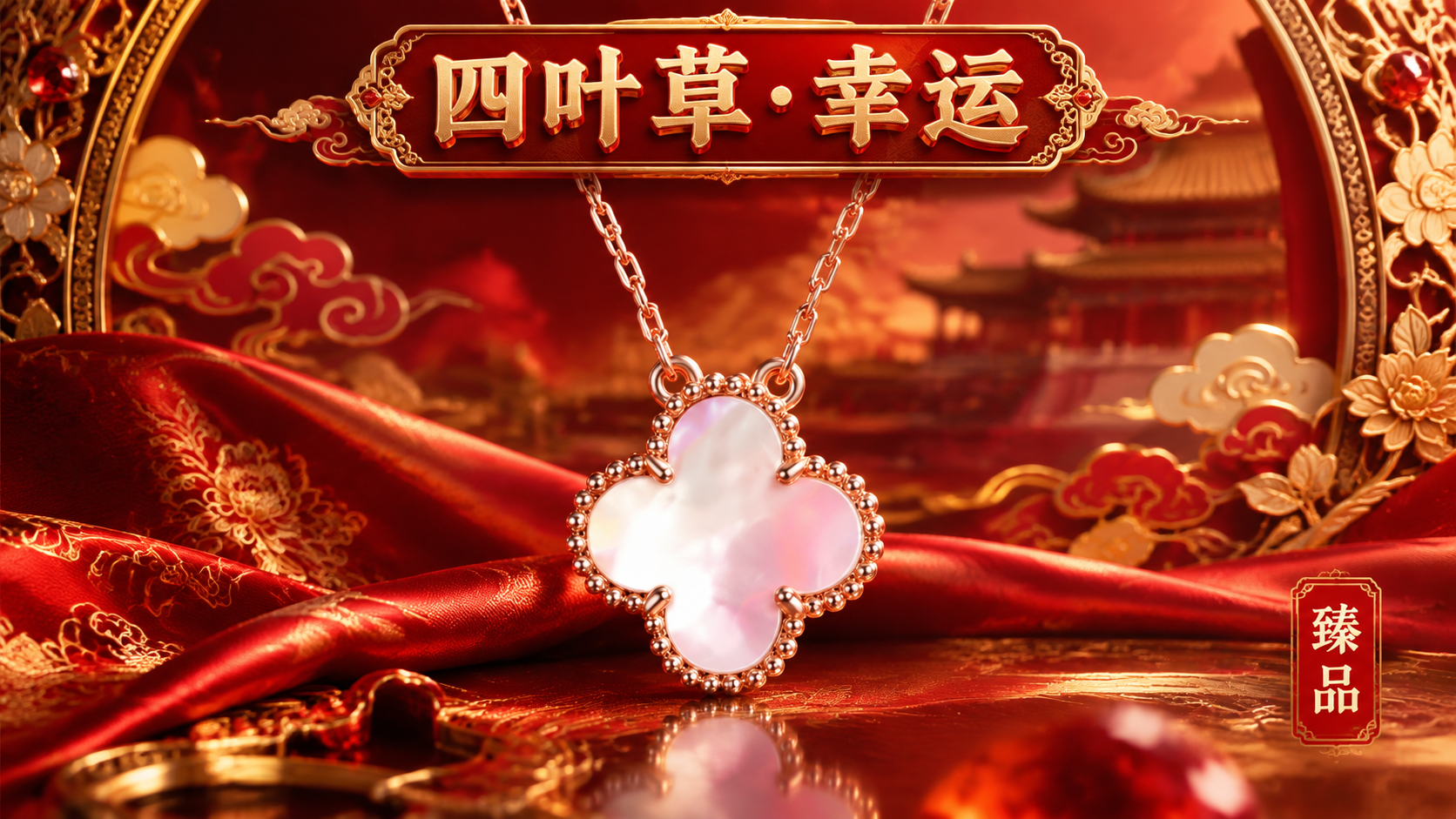 将图中玫瑰金白贝母四叶草项链作为画面主体保留，生成 16:9… - 图片创意预览
