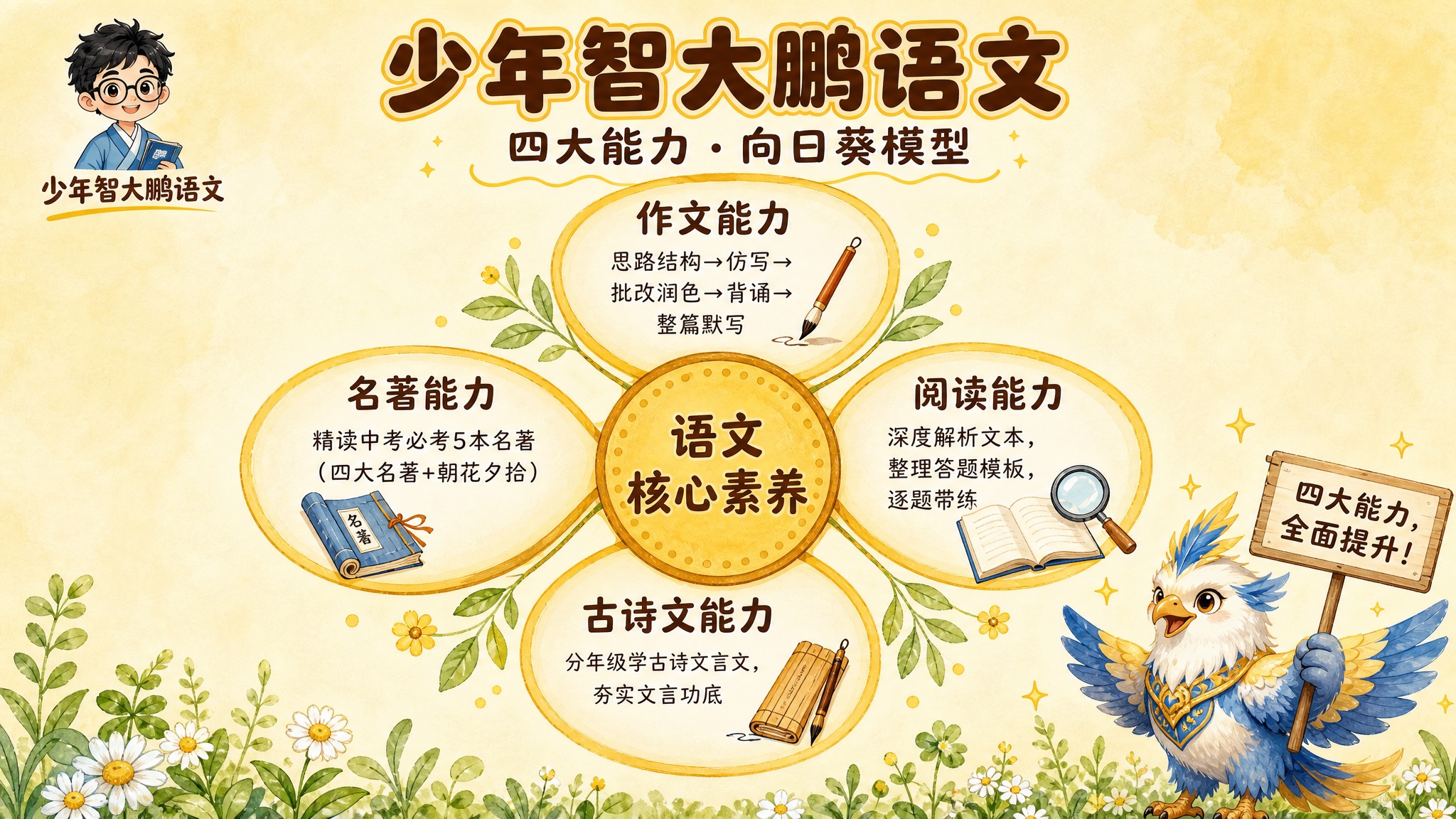 参考图1的太阳花/向日葵思维导图模型版式风格，制作少年智大鹏语… - 图片创意预览