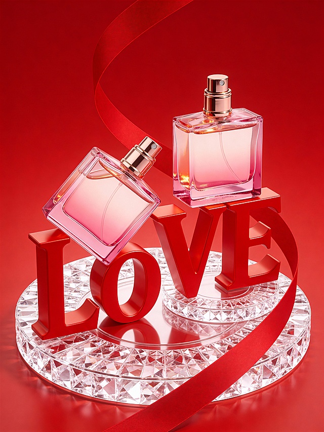 热烈奢华风商业美妆 3D 渲染风格，画面以高饱和度正红色为背景主色调，搭配透明水晶质感与金属金作为视觉点缀，整体色调浓烈且富有节日氛围感。采用平视略仰视的视角，主体分为两组：一组以倾斜角度置于画面左侧的红色立体 “LOVE” 字母旁，另一组放在右侧字母之上，大小适中且形成视觉平衡。所有元素都搭建在透明水晶质感的圆形台面上，背景为纯净的正红色，有一根红色飘带环绕过主体。采用柔和的全局光结合局部辉光效果，营造出明暗层次丰富的奢华氛围，主体与热烈浪漫的场景融为一体，充满情人节的甜蜜氛围与视觉张力。