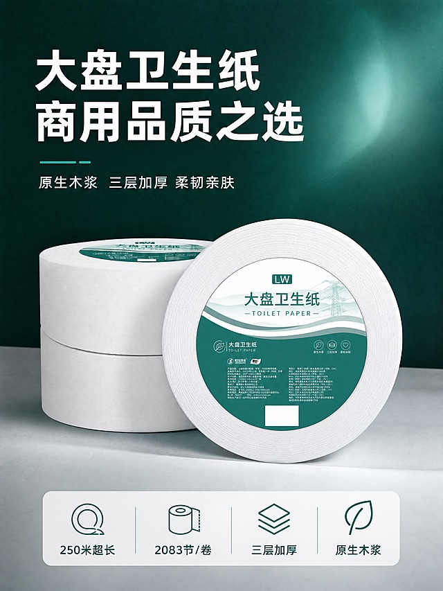 [商品] 使用【图1】ZB006国网商城大盘卫生纸；保留白色大卷纸外形、圆形深绿+白色标签、LW标识、高压电塔图案、大盘卫生纸字样及所有标签文字；产品为商用大盘卷纸，功能方向为卫生间厕用纸巾。
[画面] 页面目标：头图海报，建立商用大盘卫生纸专业品质第一印象。构图：上下结构，上半部分为产品主视觉，下半部分为标题+卖点信息条。主体位置：画面中上部偏左，两卷大盘卫生纸高低错落摆放，前景一卷正面展示标签，后景一卷侧后方展示厚度。主体占比约55%。景别：全景产品摆拍。阅读动线：从上到下，先看产品再看标题卖点。前中后景：前景产品、中景浅灰渐变台面、后景深墨绿渐变背景墙。场景：3D商业影棚摆拍风格，右侧有柔和的青绿色光晕点缀。
[视觉] 套系策略：风格=洁净商务品质感商业摄影；标题字=现代无衬线粗黑体；正文字=简洁无衬线黑体；主色=深墨绿；背景延展=基于深墨绿做深浅渐变、同色系层次和细腻哑光质感；强调色=青绿色，仅用于小面积图标、引线、标签和数据高亮；标题色=白色/深墨绿；正文色=浅灰/中灰；组件=圆角信息卡、细线图标、矩形色块标题条；光影=左前侧柔光，产品右侧柔和阴影，卷纸边缘层叠纹理高光。
[文字] 顶部主标题"大盘卫生纸 商用品质之选"，副标题"原生木浆 三层加厚 柔韧亲肤"；底部信息条横向排列4个卖点图标+短词："250米超长""2083节/卷""三层加厚""原生木浆"。文字放在上下负空间，不遮挡产品主体标签。
[规格] 图片比例3:4竖版，4K，避免变形、错字、文字过小、产品标签文字错乱、颜色失真、悬浮感、水印、平台Logo。