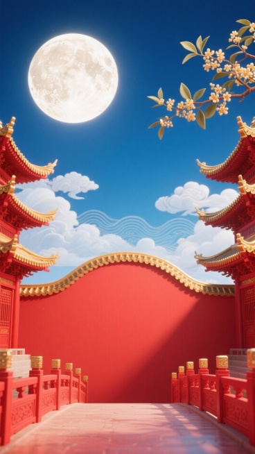 以红、金、蓝白为主色调，画面下方1/4是弧形的红色纯色，上方有红色围栏，两侧是红金中式飞檐楼阁，楼阁周围有红色围栏，右侧有桂花枝，背景是深蓝色天空，悬着巨大明亮的圆月，背景有云朵、波浪纹样 。画面3:预览效果