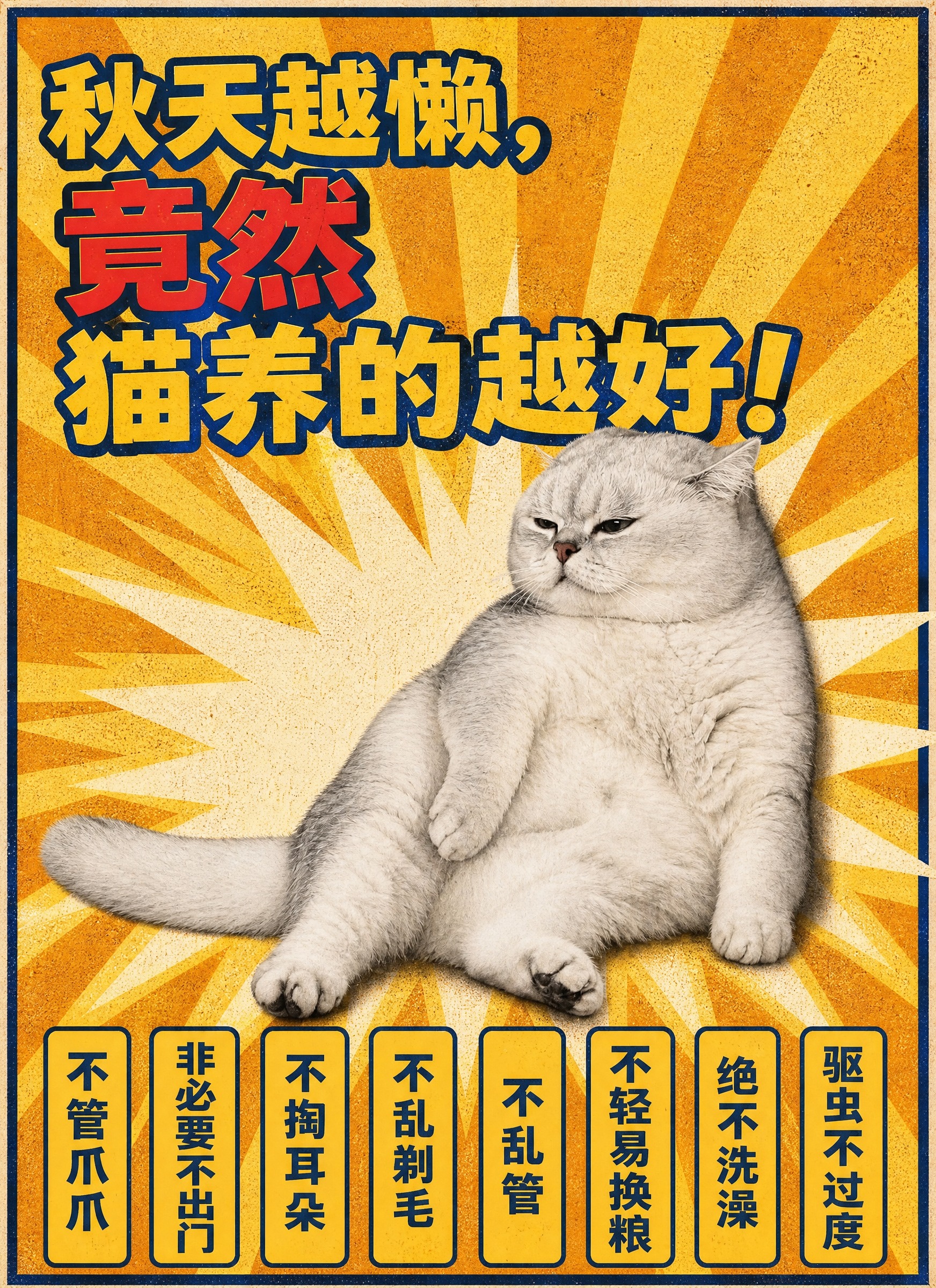 美式复古漫画风养猫海报。暖黄色放射背景，白色爆炸星芒，蓝色边框… - 图片创意预览