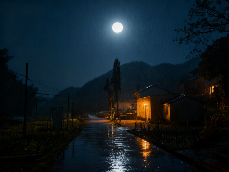 将原图转换为图2一样的夜晚效果，夜空中有一轮圆月，下着朦朦细雨，保持原图的乡村小路、房屋、山峦和田野的构图，生成高清夜景图，房屋透出暖黄色灯光，湿润路面反射灯光，氛围静谧朦胧预览效果