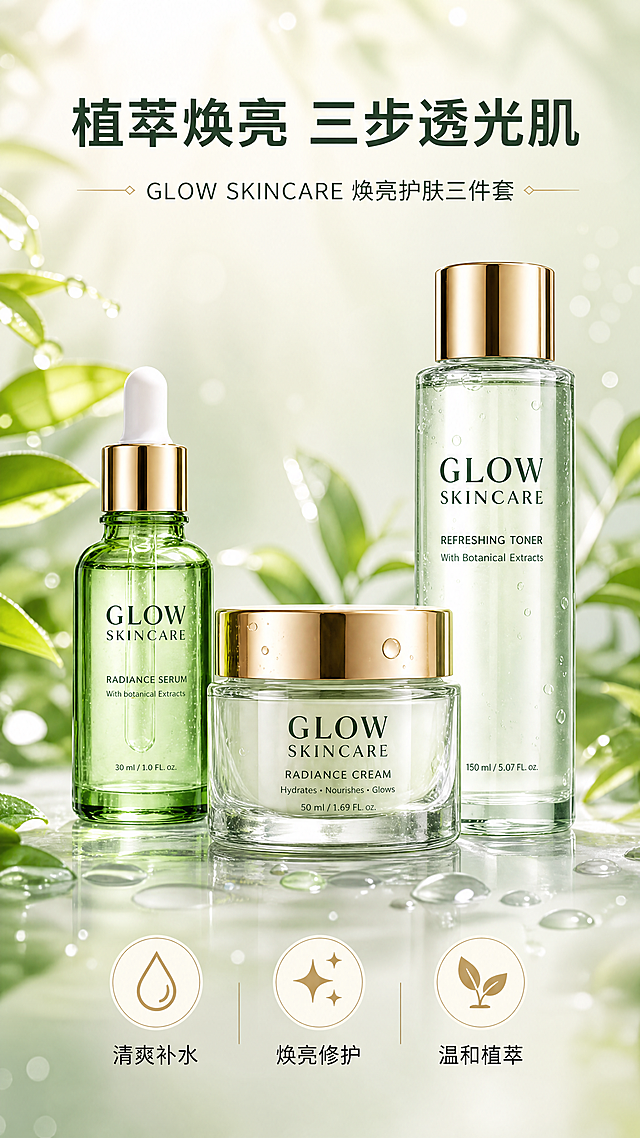 [商品] 使用【图1】GLOW SKINCARE焕亮护肤三件套（左：绿色滴管瓶精华液、中：金色盖白瓶面霜、右：透明瓶爽肤水）；保留三件套的瓶身形状、金色瓶盖、玻璃材质、GLOW SKINCARE等所有瓶身文字、标签图案与颜色比例；产品真实摆放，朝向自然，不改变结构与包装文字。
[画面] 页面目标：美感头图，建立高级焕亮护肤第一印象。构图：三件套产品居中偏下，占画面约55%，错落摆放呈全家福姿态；上方留白放主副标题，底部3个圆形利益icon；前景有水珠与水光光斑，中景产品，后景虚化绿植叶片与柔和光晕，≥3层视觉层次。阅读动线：从上到下，先标题再产品再利益点。
[视觉] 套系策略：风格=清新自然高级商业摄影风，水光通透质感；标题字=现代简约无衬线粗体；正文字=简洁无衬线体；主色=浅薄荷绿+米白；背景延展=基于浅绿做深浅渐变、水光朦胧感与植物叶片虚化层次；强调色=香槟金，仅用于小面积图标描边、引线、标签和高光；标题色=深墨绿；正文色=中灰绿；组件=圆角浅底信息卡、圆形利益icon、细线引线；光影=左前侧柔和自然光，产品表面有通透高光与水珠反射。
[文字] 上方主标题「植萃焕亮 三步透光肌」，副标题「GLOW SKINCARE 焕亮护肤三件套」；底部3个圆形icon分别标注「清爽补水」「焕亮修护」「温和植萃」；文字均横向排版，不遮挡产品主体与瓶身标签，字号保证手机端清晰可读。
[规格] 图片比例9:16竖版，4K分辨率，负向提示：避免变形、错字、文字过小、产品颜色改变、瓶身文字错乱、冷蓝灰背景、白底极简、绝对化用语。