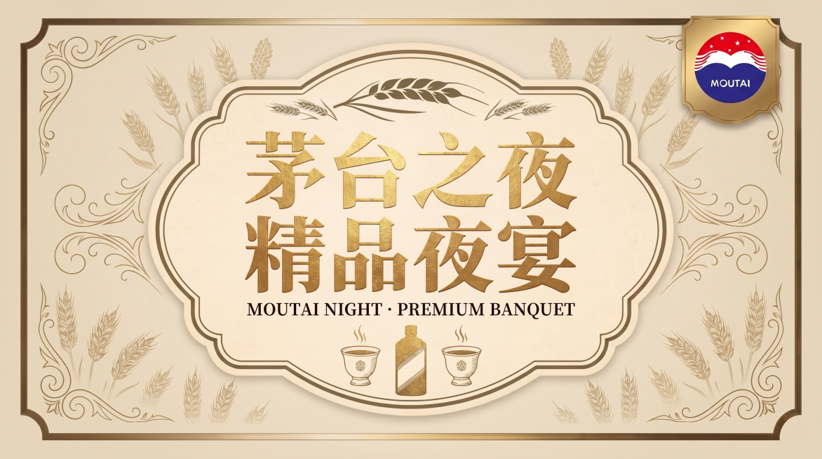 将整体黑色底色换成浅米色浅色背景，把所有文字"茅台之夜 精品夜宴"和小字都换成金色，保留所有设计元素、茅台logo和横版构图，保持高端典雅风格预览效果