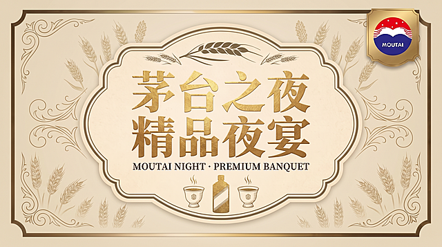将整体黑色底色换成浅米色浅色背景，把所有文字"茅台之夜 精品夜宴"和小字都换成金色，保留所有设计元素、茅台logo和横版构图，保持高端典雅风格