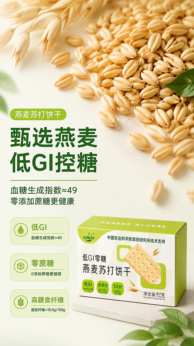 「图片1」，生成一套详情页和海报，商品名称为燕麦苏打饼干，适配淘宝/天猫平台，单图比例为9:16，需求屏数为8张。