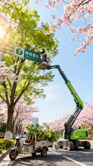 城市公园旁春意盎然，一台快猛电池驱动的曲臂车正将园林工人送至高处，为刚抽出新芽的行道树进行修剪养护。下方一辆电动三轮车满载着修剪下的枝叶和新的树苗随时待命，剪叉车在一旁平稳升起，工人正在安装新的绿化标预览效果