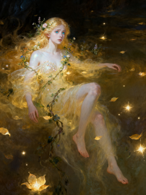 林间仙女欧律狄刻，自然与梦幻的精灵，清新灵动不食人间烟火，在朦胧的冥界场景中。面容柔和精致，肤色白皙泛着光泽，眼睛明亮清澈，金色长发自然披散点缀着花草，身姿轻盈修长赤足，形象朦胧虚幻，神情平静带着一丝预览效果