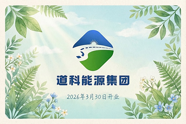 清新自然风道科能源集团开业伴手礼明信片正面，将开业日期修改为2026年3月30日，保留原有清新自然风格与logo元素，整体风格保持一致
