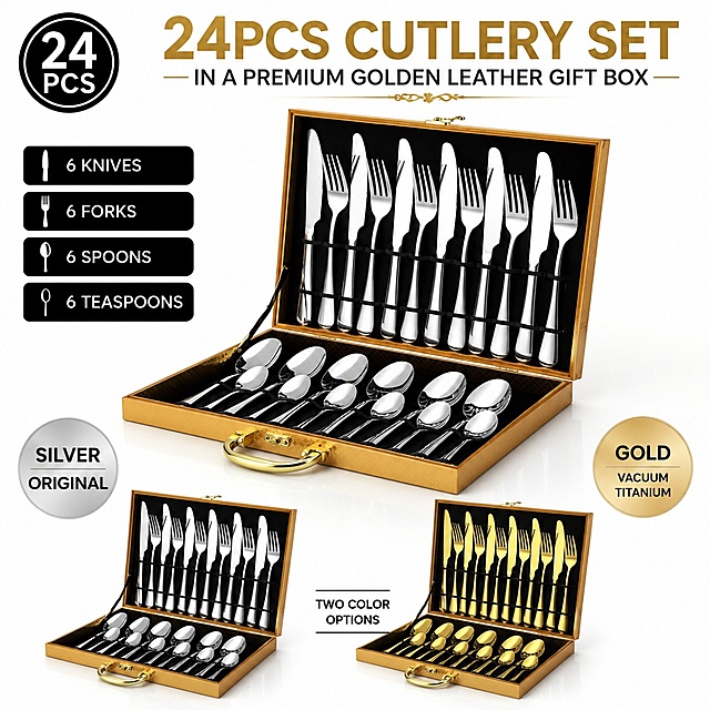 「图片1」「图片1」「图片1」「图片1」「图片1」，生成电商主图（6张），商品名称是24pcs餐具套盒，卖点是24 件成套配齐，4 类餐具一站式搞定，加厚不锈钢材质，耐用不易变形，双款颜值可选｜亮银原色 / 真空镀钛金色，人体工学握柄，手感舒适不硌手，高端皮质手提礼盒，送礼体面，适配亚马逊/跨境平台，全英文文案，主图比例为1:1，参考排版：「图片1」「图片1」「图片1」「图片1」