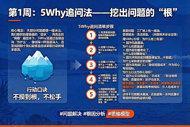 丰田经典案例分析请修改文字如下：                      表面问题：工厂地上有一摊油。
普通解决：清洁地面。（问题明天还会出现）
用5Why分析：
为什么地上有油？ → 因为机器漏油。
为什么机器漏油？ → 因为密封圈老化了。
为什么密封圈老化？ → 因为采购的密封圈是便宜货，不耐磨。
为什么采购便宜密封圈？ → 因为采购部门以“降低短期成本”作为核心考核指标。
为什么以此为核心指标？ → 因为公司没有建立“总成本”（包含维修、停机、质量损失）的评估体系。                                                                                         根本原因：缺乏基于“总成本”的采购评估体系。
根治行动：改革采购考核指标，引入总成本分析。这样不仅能解决漏油，还能避免一系列因廉价零部件导致的连锁问题。（根本原因和根治行动强调标识一下）
