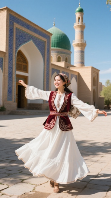 新疆风情写实摄影，一位身着传统民族服饰的年轻女子在阳光下翩翩起舞，她穿着白色长裙搭配深红色刺绣马甲，裙摆随风扬起，头戴精致头巾，双臂舒展，面带微笑，背景是具有伊斯兰风格的建筑，包括绿色圆顶和高耸的宣礼塔，建筑细节丰富，有拱形门窗和蓝色花纹装饰，阳光明媚，光影柔和，地面是石板铺就，整体画面充满异域风情和文化气息，氛围欢快而宁静。预览效果
