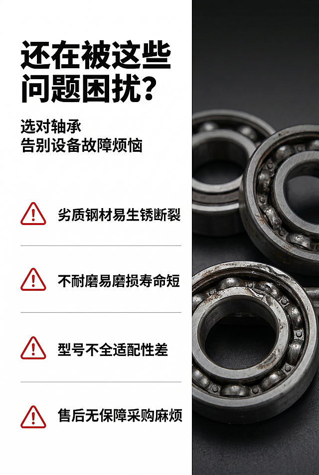 2:3竖版电商详情页痛点海报，8K超高清，工业高级杂志风排版，整体风格与全系列统一无割裂感；画面采用左右分栏网格排版，左侧为痛点标题区，顶部主标题用加粗无衬线工业字体："还在被这些问题困扰？"，副标题为："选对轴承 告别设备故障烦恼"；下方分4行列出核心痛点，每行搭配极简红色警示图标：1. "劣质钢材易生锈断裂" 2. "不耐磨易磨损寿命短" 3. "型号不全适配性差" 4. "售后无保障采购麻烦"；右侧为暗调模糊处理的劣质轴承损坏实拍背景，不展示核心产品，仅做痛点可视化；中文文字全部统一为加粗无衬线工业字体，整体画面干净，层级清晰，情绪直击用户痛点。负面提示词：画面模糊，文字杂乱，风格割裂，核心产品错误出现，颜色偏差，多余装饰，卡通元素，痛点不清晰，字体不统一，背景杂乱