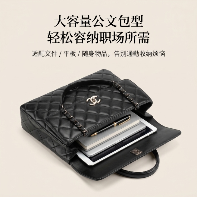 [主图 5] CHANEL经典菱格通勤公文包大容量展示，1:1竖版杂志风排版
[氛围风格] 简约职场氛围感，排版简洁清爽，与整套主图风格保持统一
[画质] 商业摄影质感，光线柔和通透，产品清晰真实，画预览效果