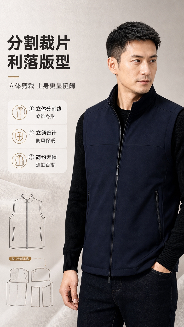 [商品] 使用【图4】藏青色马甲；商品处理：保留立领、门襟拉链… - 图片创意预览