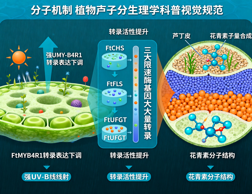 分子机制科普信息图，主题为苦荞UV-B胁迫下的代谢通路激活过程。左侧绘制强UV-B射线照射苦荞细胞的场景，标注FtMYB4R1转录表达下调的过程；中间展示FtCHS、FtFLS、FtUFGT三大限速酶预览效果