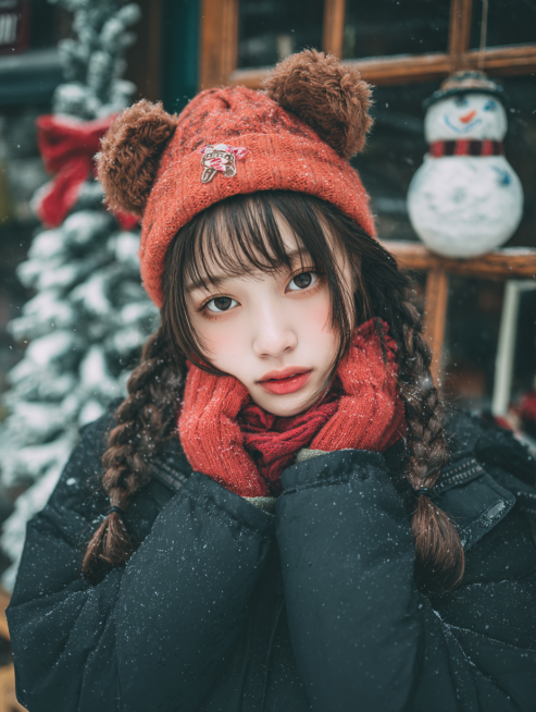 重新生成单人写真图片四张，要求人物脸部清晰，像素3k，着重刻画人物面部手部细节描写，比例3：4，甜美可爱活力女生
发型
棕褐色双麻花辫，搭配带姜饼人装饰的红格纹圣诞帽（帽檐有毛绒+棕熊耳造型），发丝蓬预览效果