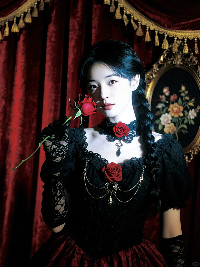 穿着黑红哥特洛丽塔服饰，带有蕾丝、金属装饰和红色玫瑰元素，搭配黑色蕾丝手套、黑色蕾丝颈饰（饰有红色玫瑰）；黑色编发，背景是红色丝绒幕布（带有金色流苏装饰），拿着一朵玫瑰放在脸旁，旁边有复古雕花装饰画（绘有花卉）