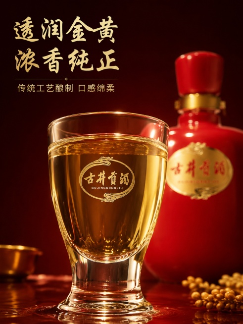 [第3屏] 酒体工艺展示-古井贡酒浓香型白酒地道工艺质感特写。
[氛围/风格] 通透质感，突出酒水金黄光泽，传统工艺氛围感。
[元素布局] 画面中心是玻璃酒杯盛出的古井贡酒白酒，特写展示酒水通透质感和预览效果
