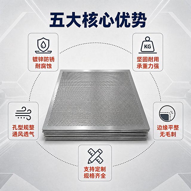 [主图-2] 镀锌冲孔网核心卖点展示，突出产品五大核心优势，采用环绕式功能说明布局。
[统一基调] 整体风格为专业工业建材风，背景采用浅灰色渐变搭配工业风浅灰几何纹理，主色调为银灰、深灰、藏蓝色；标题字色为藏蓝色，辅助说明字色为深灰色，强调色为橙红色；字体为粗黑体无衬线，字号层级分明；卡片采用细边框圆角样式，图标简洁线性。
[画面] 画面中央为镀锌冲孔网主体，呈正面微俯视角度，产品占画面约50%，展示完整网面的规整圆孔和镀锌金属质感。产品四周环绕5个功能图标小模块，分别位于左上、右上、左中、右中、正下方位置，每个模块包含一个线性图标和一行卖点文字。顶部为大标题。
[光影质感] 商业摄影质感，均匀柔和的工业棚拍光线，金属表面有细腻光泽，网孔层次分明，产品底部有自然投影，整体光线明亮干净。
[配色] 背景浅灰色，产品银灰色金属本色，标题藏蓝色，图标和模块边框浅灰色，重点卖点文字用橙红色标注。
[文字版式] 顶部居中粗黑藏蓝色大标题："五大核心优势"；环绕五个卖点模块分别为：左上"镀锌防锈 耐腐蚀"、右上"坚固耐用 承重力强"、左中"孔型规整 通风透气"、右中"边缘平整 无毛刺"、下方"支持定制 规格齐全"；每个模块图标在上文字在下，排版整齐，文字清晰。
[输出要求] 1:1正方形比例，文字清晰无错字，产品清晰不变形，画面干净整洁无杂乱，无水印无平台Logo，禁止出现人物面部、畸形手、模糊、穿模等问题。