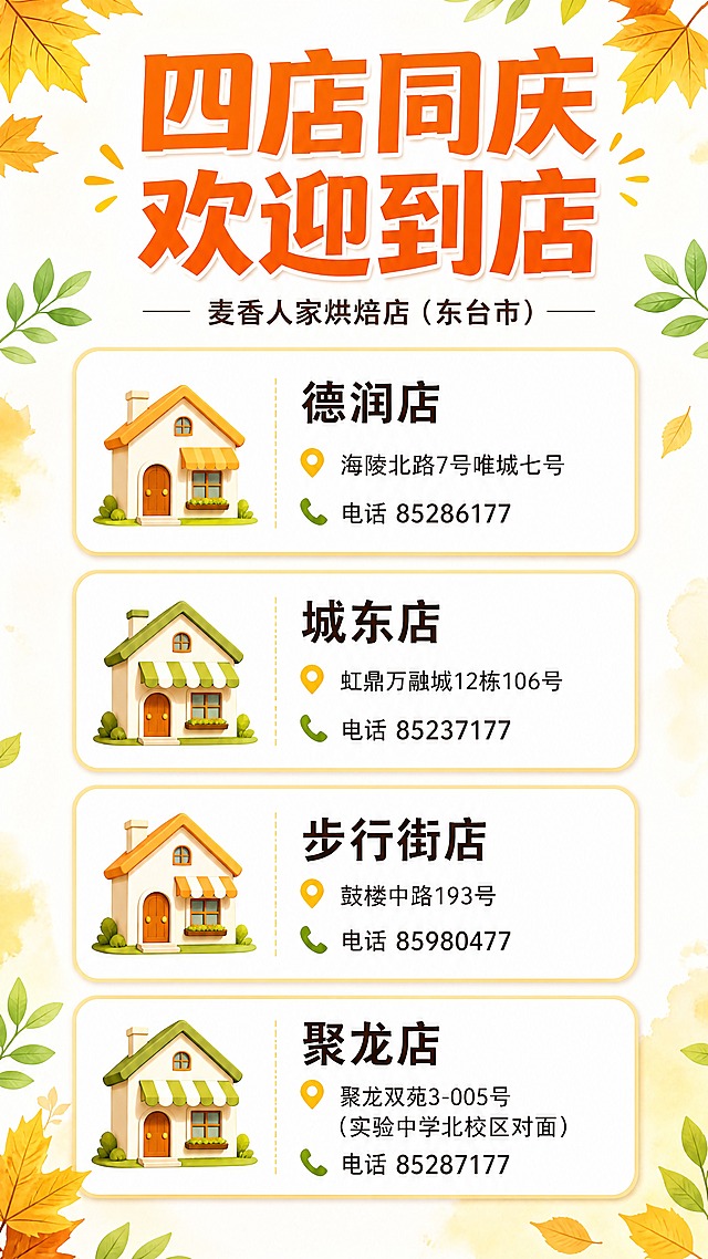 四店同庆门店信息模块，白色背景，秋季暖黄和嫩绿点缀，卡片式长图风格。顶部标题「四店同庆 欢迎到店」，暖橙色粗体大字，下方小字「麦香人家烘焙店（东台市）」。下方纵向排列四张门店信息卡片，每张都是白色圆角卡片带暖黄色边框和轻微阴影，左侧有小房子图标：第一张德润店 海陵北路7号唯城七号 电话85286177；第二张城东店 虹鼎万融城12栋106号 电话85237177；第三张步行街店 鼓楼中路193号 电话85980477；第四张聚龙店 聚龙双苑3-005号（实验中学北校区对面） 电话85287177。每张卡片地址和电话分行清晰排列。卡片之间有适当间距。整体简洁清晰，信息易读。9:16竖版，4K高清，文字清晰。
