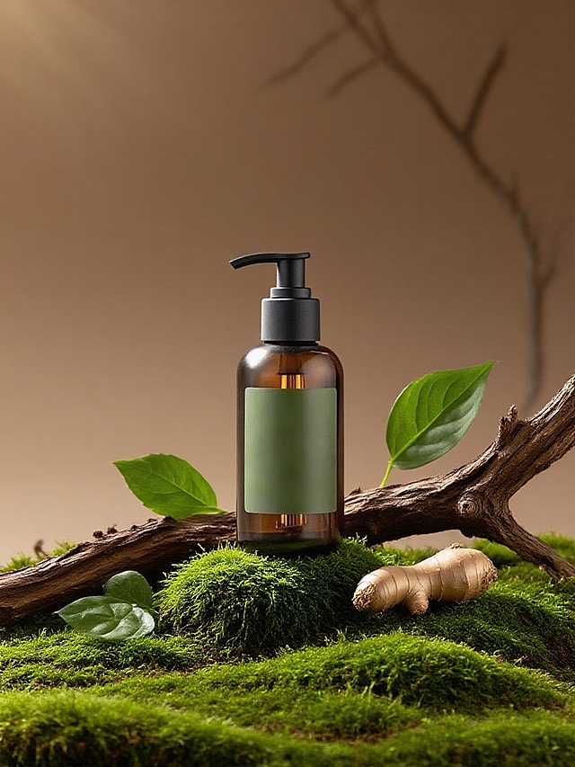 主体放置在覆盖苔藓的地面上，周围有枯木、绿叶、生姜，背景为棕色渐变，树影