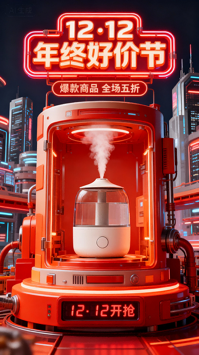 这是一张小家电促销海报，顶部为创意霓虹3D文字框“12·12 年终好价节”，副标题标签展示“爆款商品 全场五折”，图中商品位于一个大型3D制造机中，机器底部数字显示屏显示“12·12开抢”，背景是未来都市建筑，红橙配色。