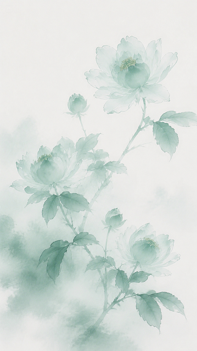 新中式水墨花卉，浅青绿色调，写意国画风格，淡雅空灵，花卉花枝，和参考图风格一致，不同的花卉布局构图