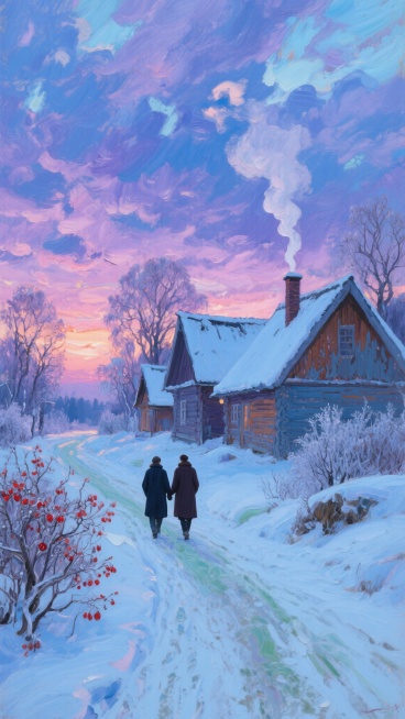 印象派风格油画，以深邃的靛蓝与神秘的紫罗兰为主色调的黄昏天空，云层被染成渐变的粉紫与钴蓝，厚重的油彩笔触堆叠出丰富肌理。前景是覆盖着初雪的乡间小路，积雪泛着冷冽的青灰反光，路两旁是挂满红色浆果的光秃灌木。中景处坐落着几座北欧风格的尖顶木屋，墙面呈现斑驳的灰蓝与赭石色，屋顶覆盖着厚厚的白雪，烟囱中冒出袅袅白色炊烟。一对穿着深色大衣的行人手牵着手走在雪路上，背影被夕阳拉长投在雪地上，远处的树木枝条……预览效果