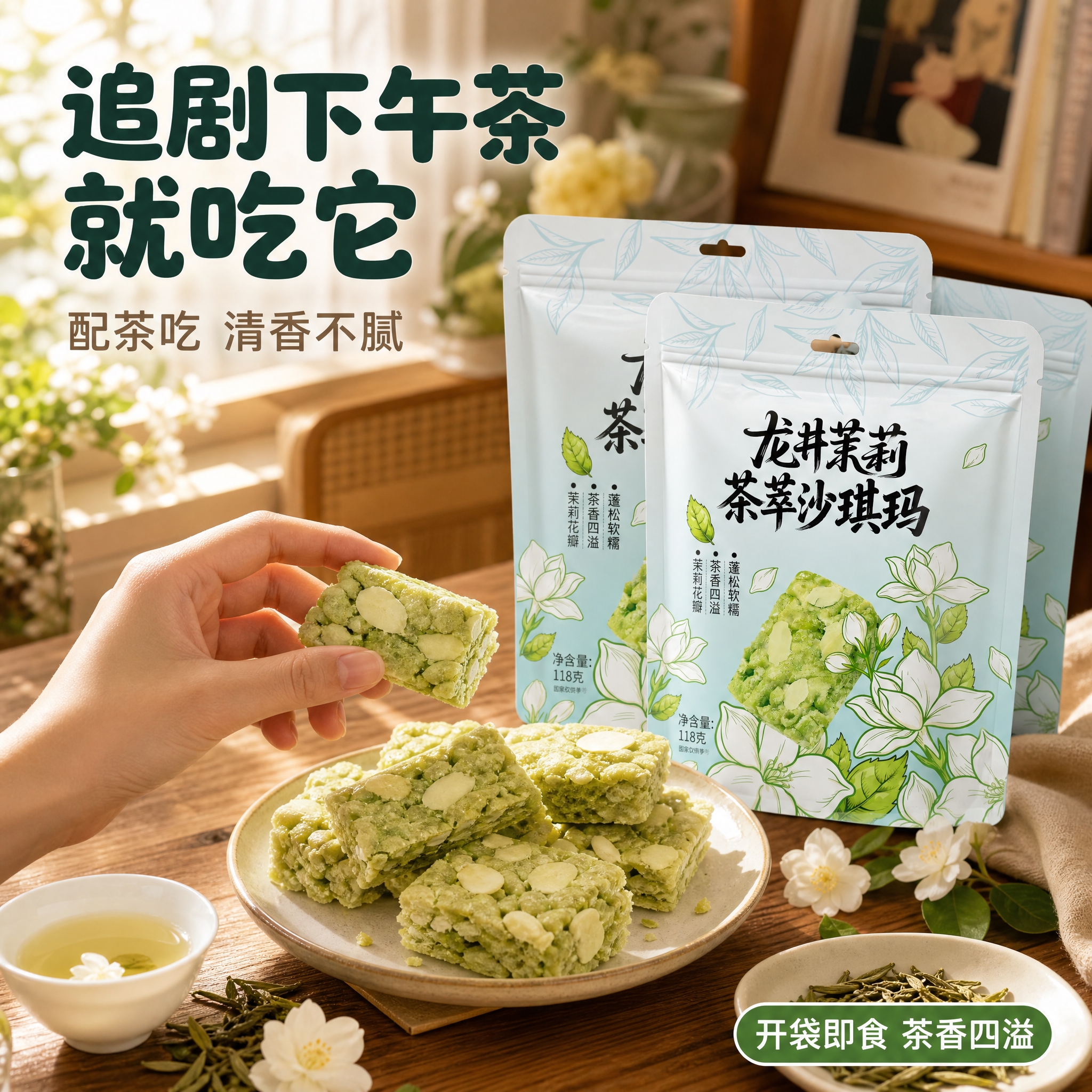 [主图-4] 场景与体验：追剧下午茶食用场景，手部拿取沙琪玛，… - 图片创意预览