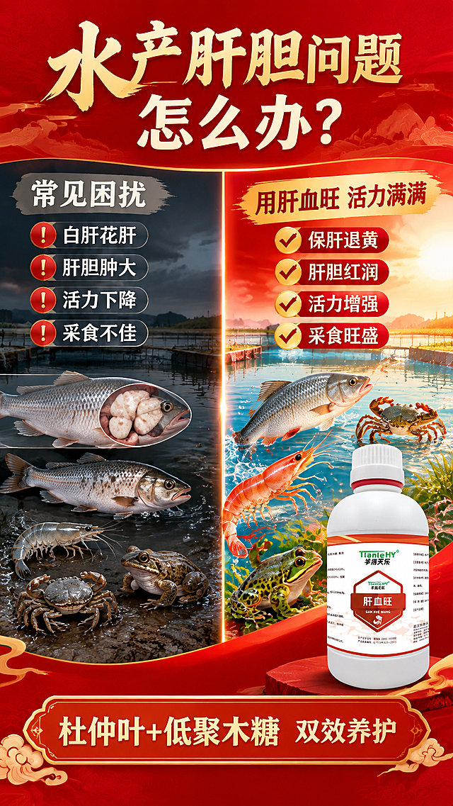 [商品] 使用【图1】肝血旺混合型饲料添加剂白色塑料瓶；保留瓶身完整结构、标签文字、Logo、颜色材质；产品缩小置于右侧解决区域，清晰可辨。
[画面] 目标：痛点对比页，增加白肝、花肝等养殖问题展示，使用后鱼虾蟹蛙更有活力更亮堂。构图：左右分栏对比，左半区痛点场景（暗调），右半区解决后场景（亮红调）；中间竖线分隔。景别：中景。阅读动线：左上方痛点标题→左侧问题场景→右侧解决结果→底部结论。前中后景：左侧暗调鱼塘+白肝花肝鱼示意+萎靡鱼虾蟹蛙，右侧明亮大红色调鱼塘+健康红润鱼群+活跃虾蟹蛙+产品摆放，右侧整体明亮饱和有活力。
[视觉] 套系策略：风格=国风大红商业摄影，高饱和亮红色调，参考红八珍详情页的大字标题+原料环绕+渐变背景手法；标题字=粗黑体+宋体组合，大字醒目；正文字=简洁无衬线黑体；主色=大红色（比原标签更红更亮，高饱和正红）；背景延展=基于大红色做深浅渐变、同色山水纹理、亮面纸张质感，整体明亮不暗淡；强调色=金黄色，仅用于小面积图标、引线、标签和光效；标题色=米白+金黄；正文色=深红；组件=圆角信息卡、细线引线、国风印章式标签；光影=左前侧暖亮柔光，产品立体感强，整体画面亮堂通透。
[文字] 顶部大标题"水产肝胆问题怎么办？"；左侧痛点区小标题"常见困扰"配4个短点："白肝花肝""肝胆肿大""活力下降""采食不佳"；右侧解决区小标题"用肝血旺 活力满满"配4个短点："保肝退黄""肝胆红润""活力增强""采食旺盛"；底部横排结论"杜仲叶+低聚木糖 双效养护"。
[规格] 淘宝/天猫详情页单屏9:16竖版，4K分辨率，负向提示：避免变形、错字、文字模糊、暗淡灰调、暗棕背景、产品颜色改变、过度恶心画面、医疗化承诺、绝对化用语。