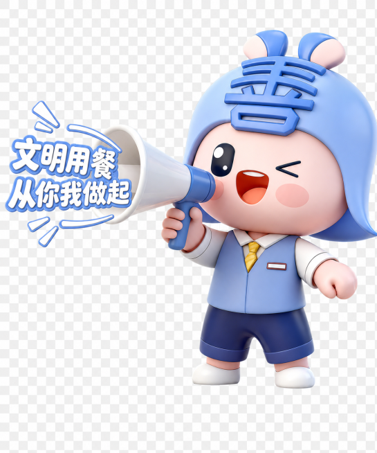 在原图基础上，让喇叭喊出文字"文明用餐 从你我做起"，保留原IP形象3D卡通风格，保持整体造型不变预览效果