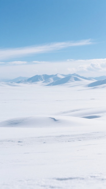 一片广阔无垠的纯净雪地景观，以写实摄影风格呈现，画面以大面积洁白无瑕的雪地为主，雪面覆盖着细腻自然的纹理和轻微起伏的雪丘，远处是连绵柔和的雪山轮廓，天空湛蓝清澈，飘着几缕轻薄的白云，整体色调以纯净的白色和清爽的蓝色为主，光影明亮柔和，营造出宁静、开阔、干净的氛围，适合作为背景使用，无任何多余元素干扰。预览效果