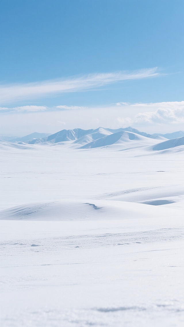 一片广阔无垠的纯净雪地景观，以写实摄影风格呈现，画面以大面积洁白无瑕的雪地为主，雪面覆盖着细腻自然的纹理和轻微起伏的雪丘，远处是连绵柔和的雪山轮廓，天空湛蓝清澈，飘着几缕轻薄的白云，整体色调以纯净的白色和清爽的蓝色为主，光影明亮柔和，营造出宁静、开阔、干净的氛围，适合作为背景使用，无任何多余元素干扰。