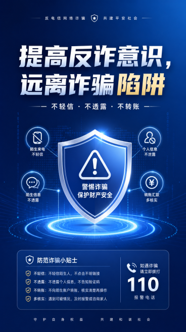 反电信网络诈骗宣传海报，简洁正式风格，深蓝渐变干净背景，主标题“提高反诈意识，远离诈骗陷阱”，搭配盾牌警示图标，内容简洁排布，公益宣传风格预览效果